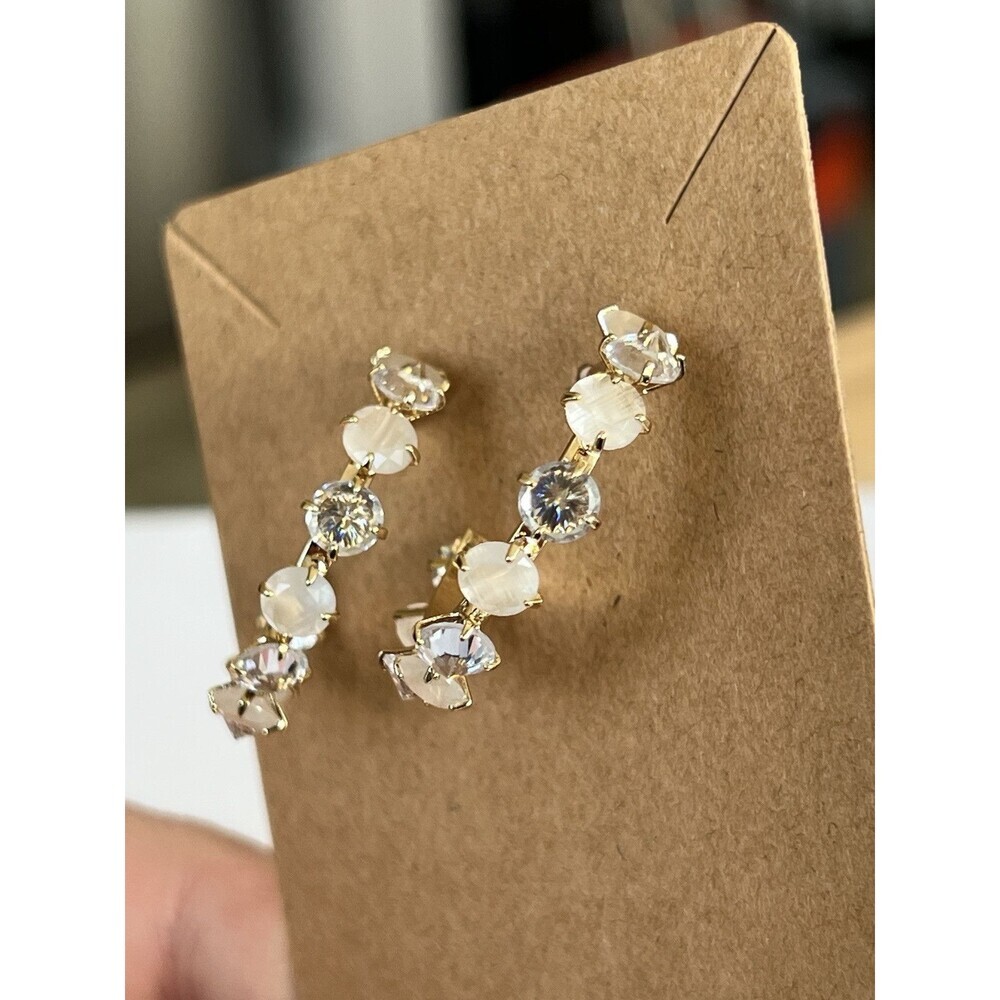 NEW Quartz Clear Crystal Rhinestone Gem Pronged Gold‎ Metal Hoop Earrings